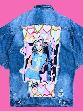 Britney Spears Upcycled T-Shirt Denim Jacket Size L for Women